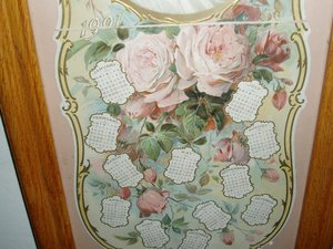 1901 Trifold DieCut Calendar in Oak Frame, Puritan Woman & Roses