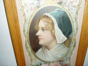 1901 Trifold DieCut Calendar in Oak Frame, Puritan Woman & Roses