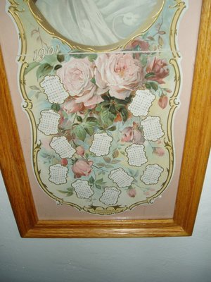 1901 Trifold DieCut Calendar in Oak Frame, Puritan Woman & Roses