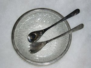 English Salad Bowl, Lead Crystal with Silver Plate Utensils