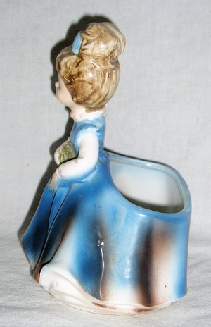 Napcoware Figurine Planter, Blue Dress Girl With Flowers, #C-8548