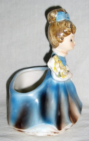 Napcoware Figurine Planter, Blue Dress Girl With Flowers, #C-8548