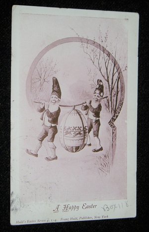 Easter Postcard, Gnomes or Elves Carrying an Easter Egg