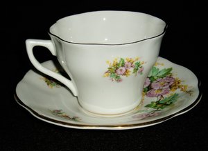 Cup & Saucer, Crownford, Lavendar and Yellow Floral Pattern, England Bone China
