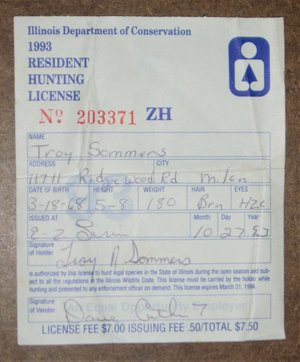 Illinois Resident Hunting License, 1993, 2nd Item Ships Free