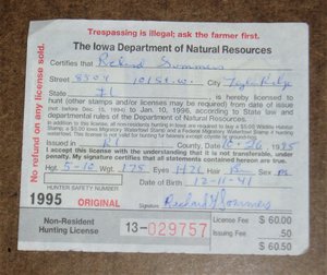 Iowa Non-Resident Hunting License, 1995, 2nd Item Ships Free