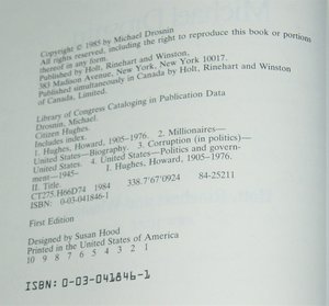 First Edition, Citizen Hughes, Michael Drosnin, 1985, Corruption in Politics