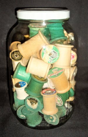 Vintage Glass Jar of Spools, Gallon Size, Metal Lid