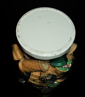 Vintage Glass Jar of Spools, Gallon Size, Metal Lid