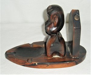 Folk Art Dog Ash Tray Pencil Holder, Wood