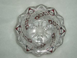 Crystal Candy Dish, Diagonal Diamonds, Red Flashed Thumbprint and Sunbursts