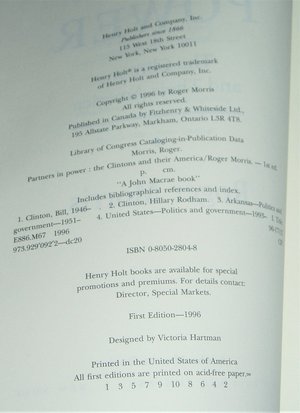 First Edition Book, Partners in Power -The Clintons and Their America