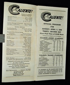 Vintage Caliente Horse Racing Program, 1958