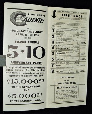 Vintage Caliente Horse Racing Program, 1958