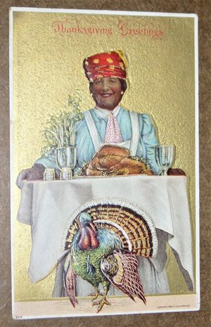 Thanksgiving Postcard, Black or Native Woman Serving a Turkey, Julius Bien, #9300