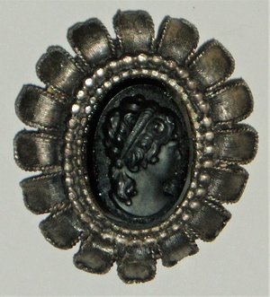 Victorian Mourning Brooch Cameo, Pewter and Black Glass (French Jet?)