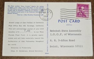 Postcard, Tournament of Roses Parade, 1960, Davy Crockett-Odd Fellows Float