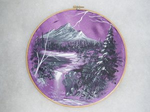 Painted Satin Fabric Picture in Embroidery Hoop, Purple Mountain Scene