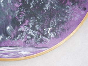 Painted Satin Fabric Picture in Embroidery Hoop, Purple Mountain Scene