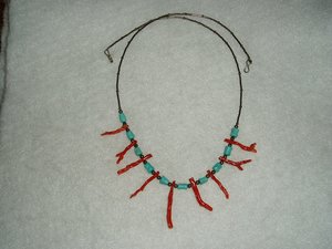 Handmade Necklace, Sterling Silver, Turquoise, Red Long Branch Coral