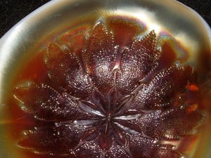 Vintage Carnival Glass, Peach Opalescent Leaf Rays Nappy by Dugan