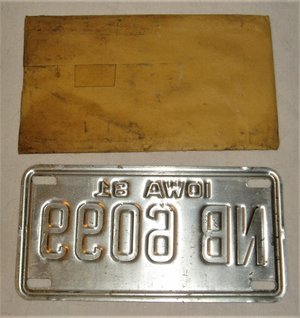 License Plate Motorcycle, Iowa 1981 Unused