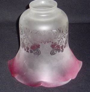 Antique Lamp Shades, Victorian - Edwardian, White Floral Etched Ruffled With Pink Accenting