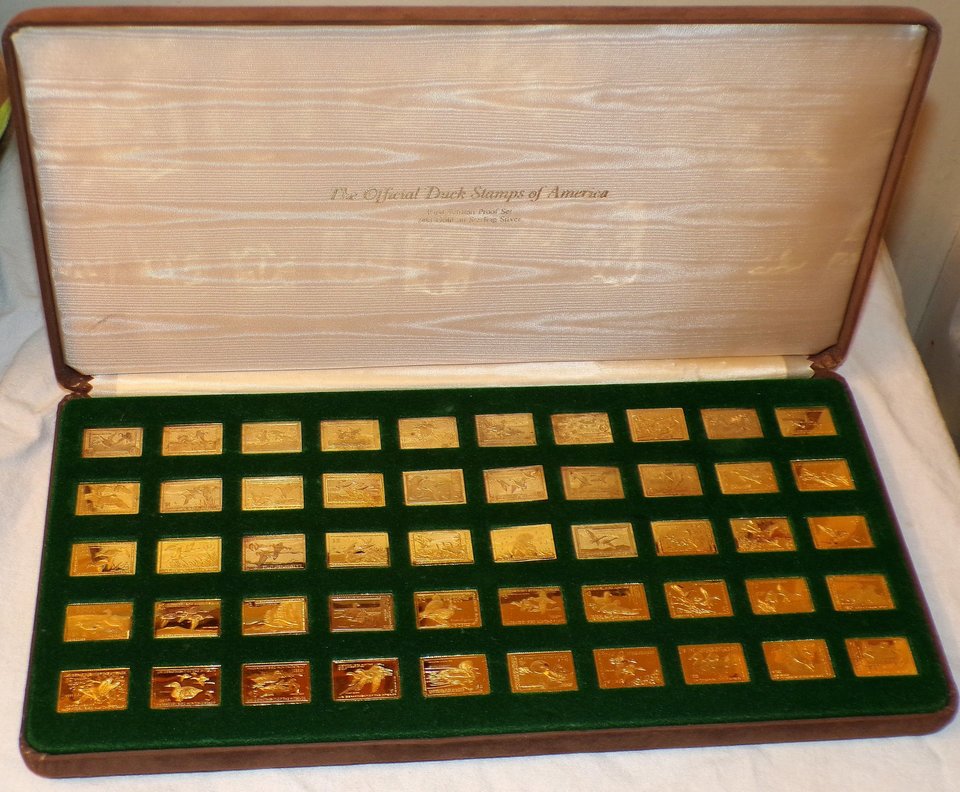 Franklin Mint Duck Stamps Set, 50 In Case, Gold on Silver