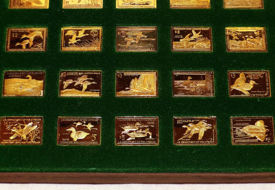 Franklin Mint Duck Stamps Set, 50 In Case, Gold on Silver