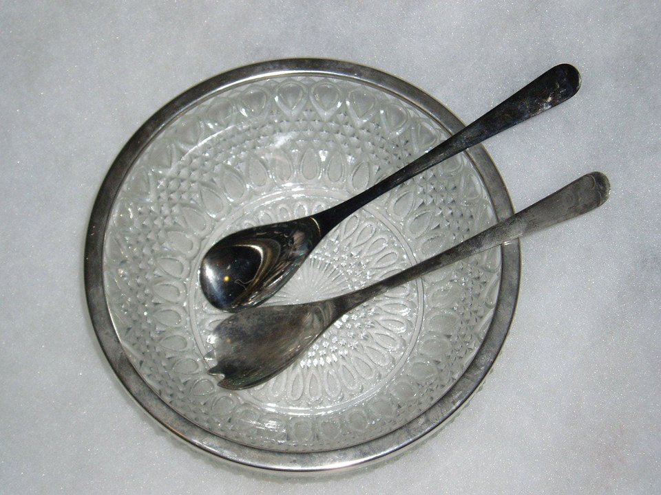 English Salad Bowl, Lead Crystal with Silver Plate Utensils
