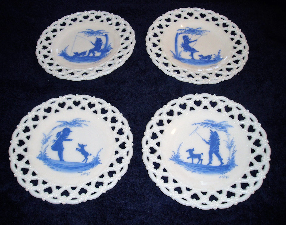 The Only Four in the World!  Mary Gregory Blue on White Plates, Westmoreland Glass