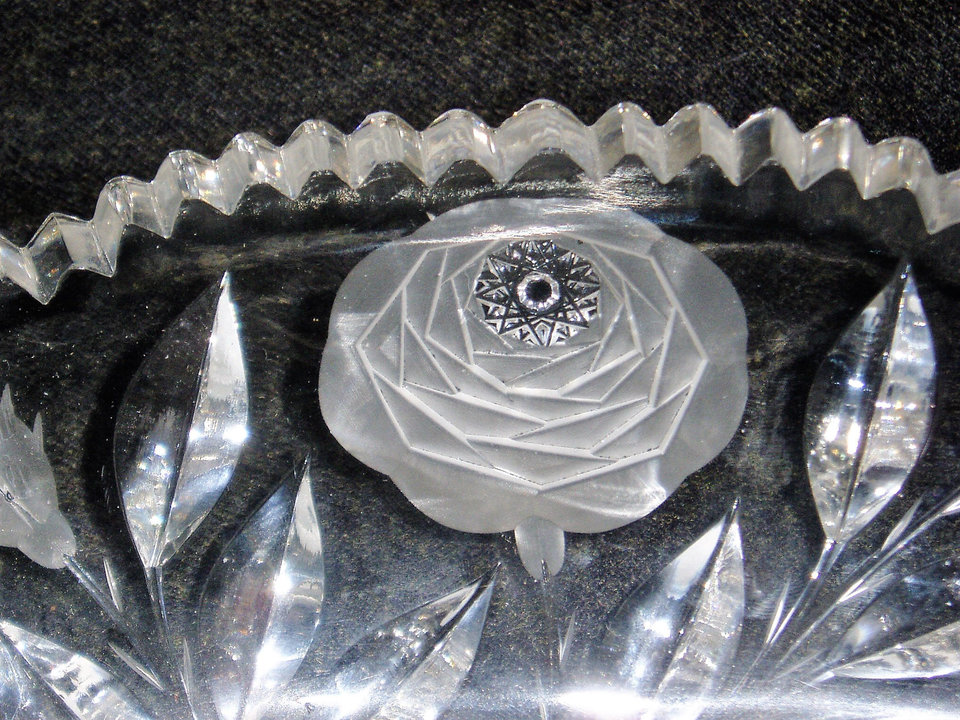 Cut Glass Centerpiece Bowl, American Brilliant, White Rose Pattern, Irving Glass