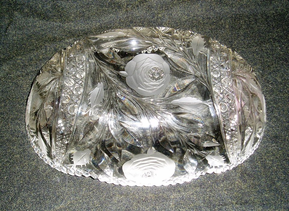 Cut Glass Centerpiece Bowl, American Brilliant, White Rose Pattern, Irving Glass