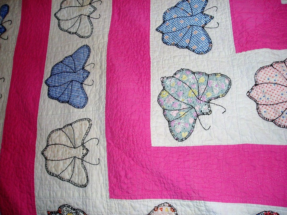 Handsewn Butterfly Quilt, Pink and White
