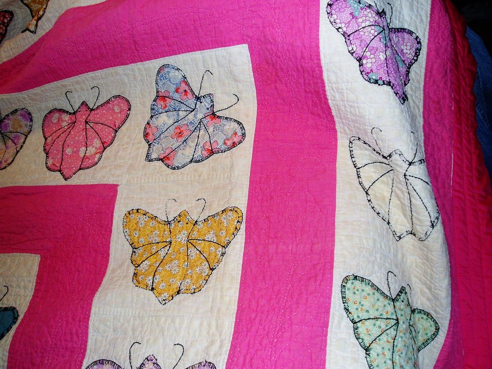 Handsewn Butterfly Quilt, Pink and White