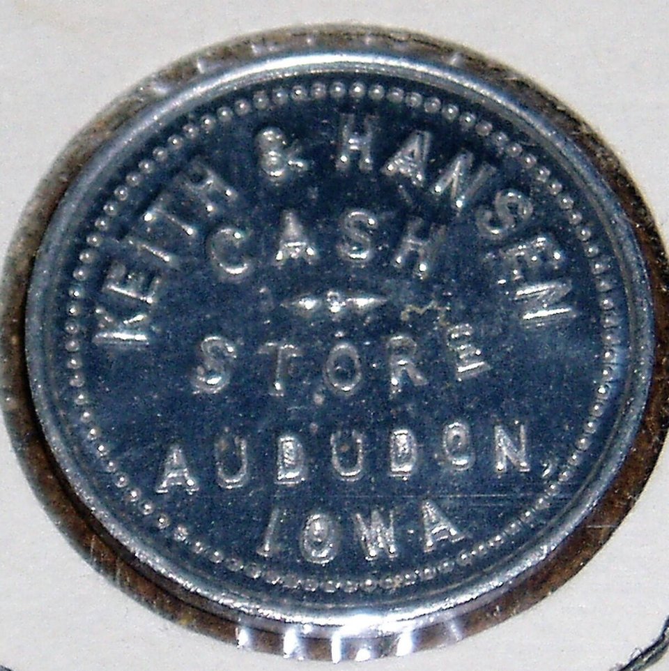 Iowa Trade Token, Audubon, Mispelled, Keith & Hansen 10c