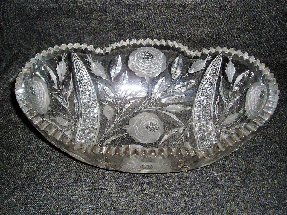 Cut Glass Centerpiece Bowl, American Brilliant, White Rose Pattern, Irving Glass