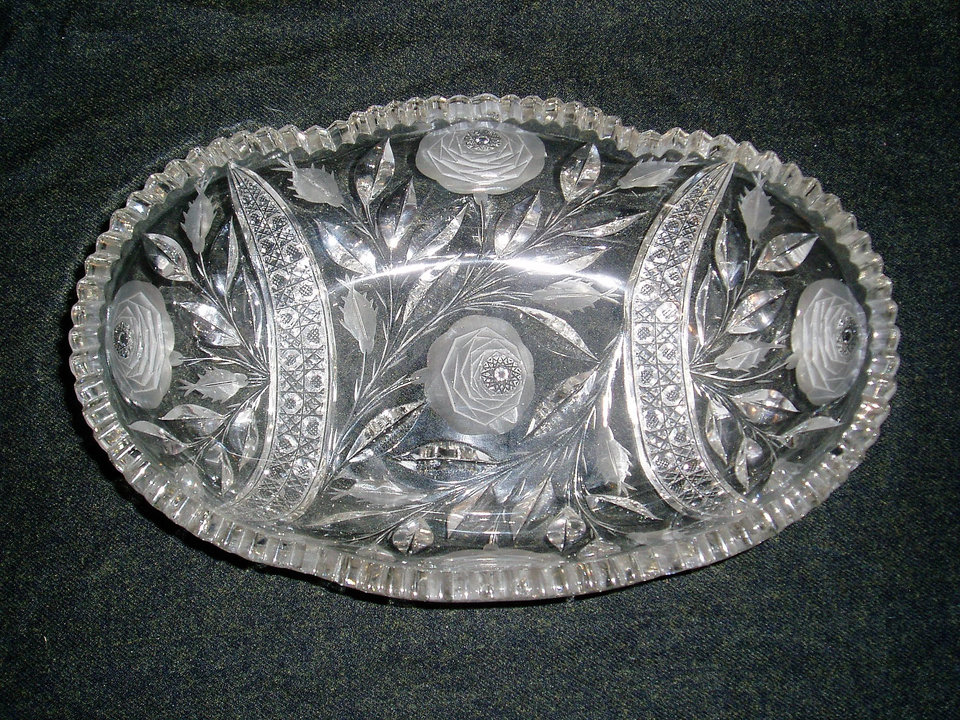 Cut Glass Centerpiece Bowl, American Brilliant, White Rose Pattern, Irving Glass