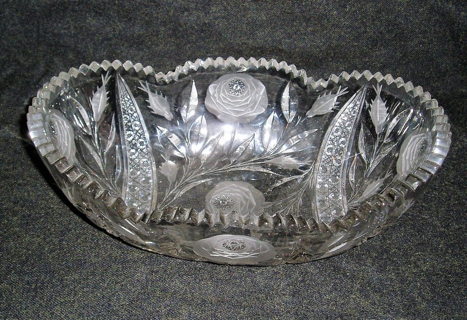 Cut Glass Centerpiece Bowl, American Brilliant, White Rose Pattern, Irving Glass