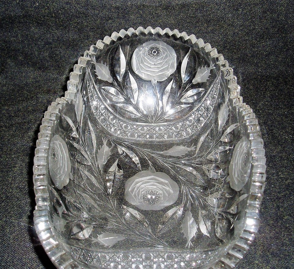 Cut Glass Centerpiece Bowl, American Brilliant, White Rose Pattern, Irving Glass