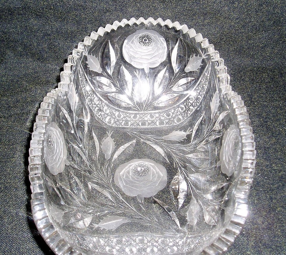 Cut Glass Centerpiece Bowl, American Brilliant, White Rose Pattern, Irving Glass