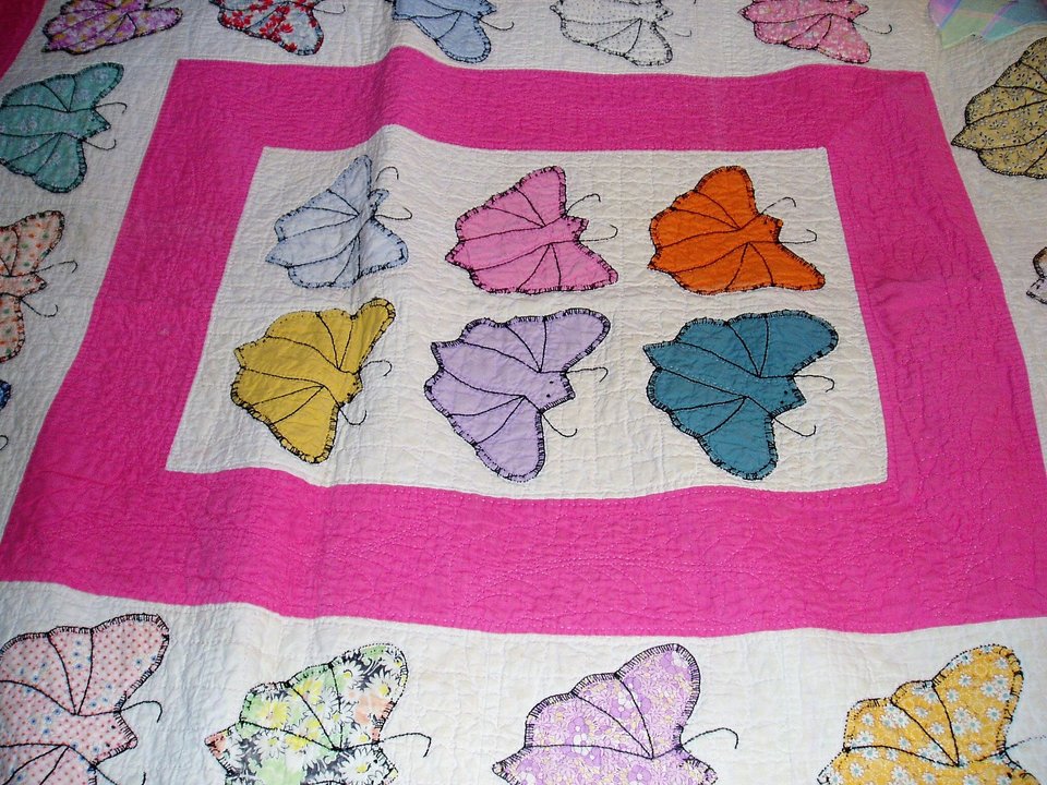 Handsewn Butterfly Quilt, Pink and White