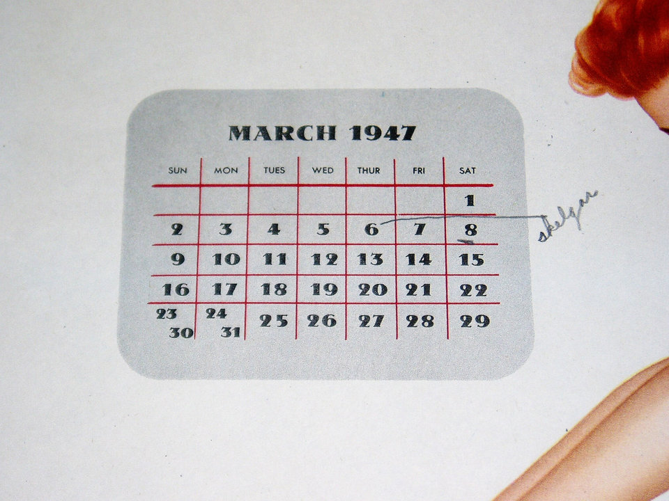 Pinup Calendar Page, Esquire March 1947 Vargas