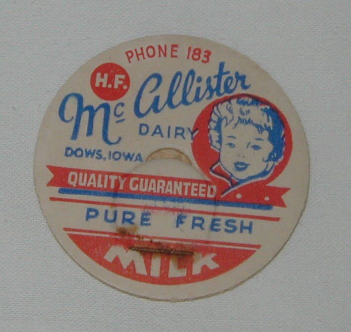 Milk Bottle Lids x 10, McCallister Dairy, Dows Iowa, Antique
