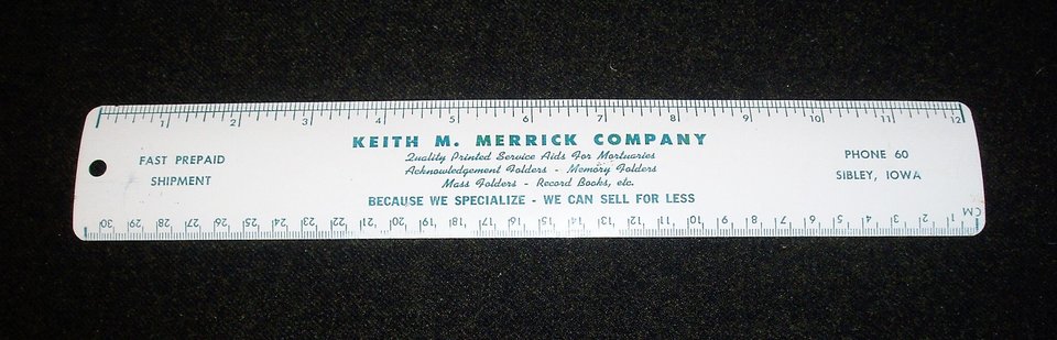 Vintage Metal Ruler, Mortuary Advertising, Merrick, Sibley Iowa