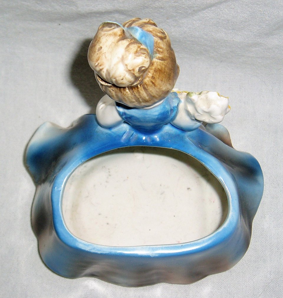 Napcoware Figurine Planter, Blue Dress Girl With Flowers, #C-8548