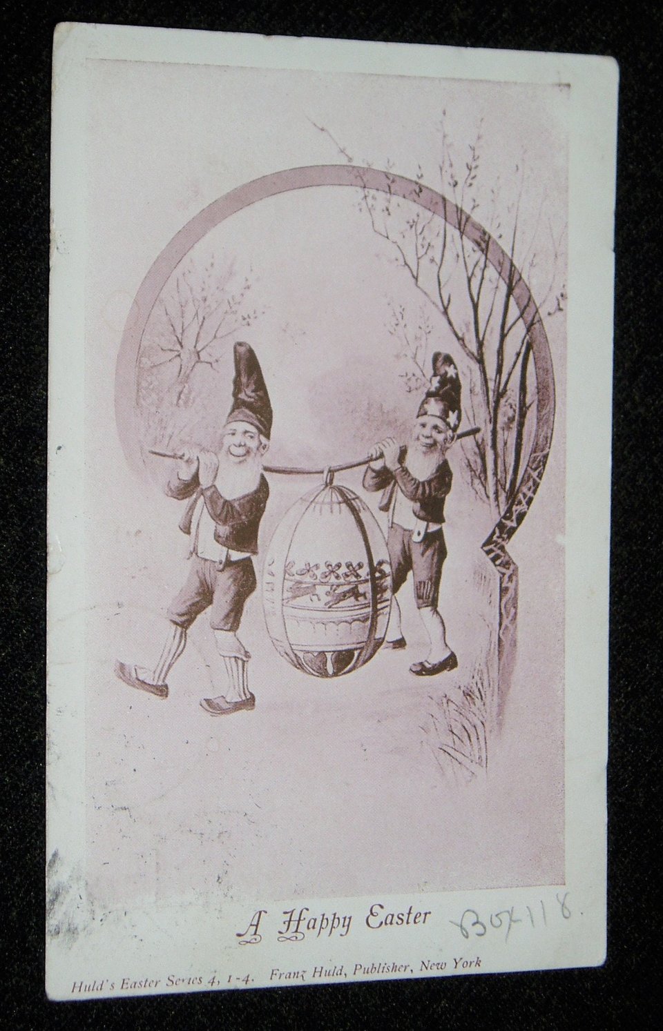 Easter Postcard, Gnomes or Elves Carrying an Easter Egg