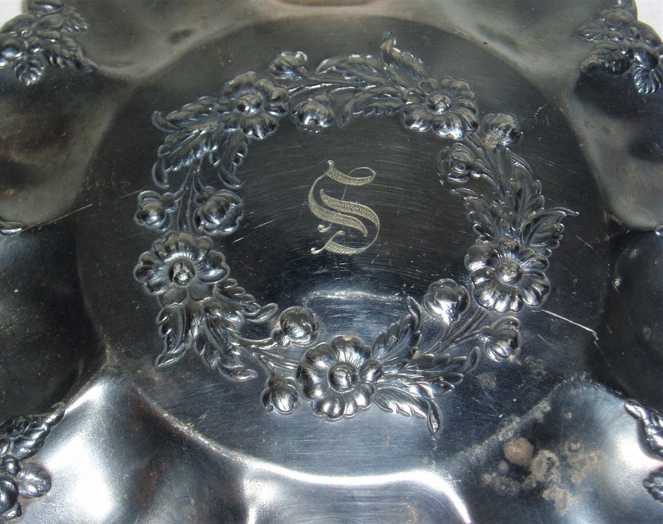 Victorian Bridal Serving Plate, Floral Design, "S" Monogram