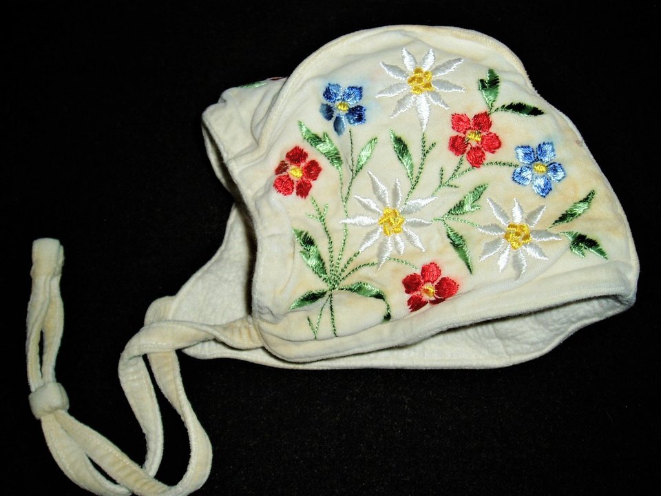 Winter Baby Bonnet, Embroidered Flowers, Vintage, Shipping Included USA