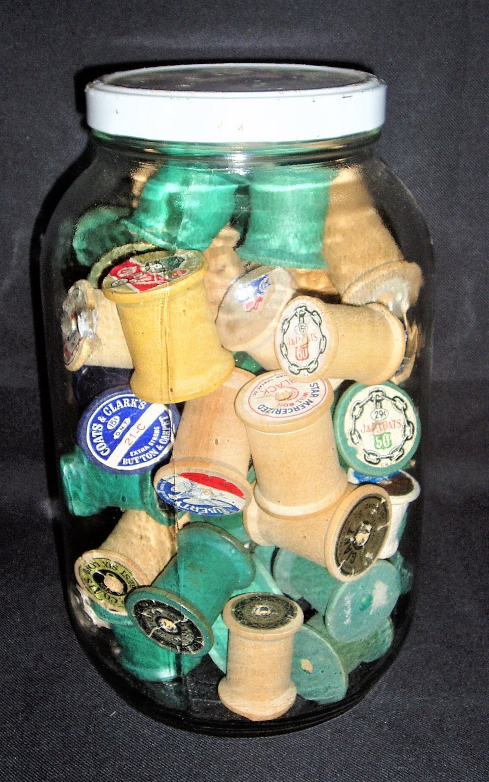 Vintage Glass Jar of Spools, Gallon Size, Metal Lid